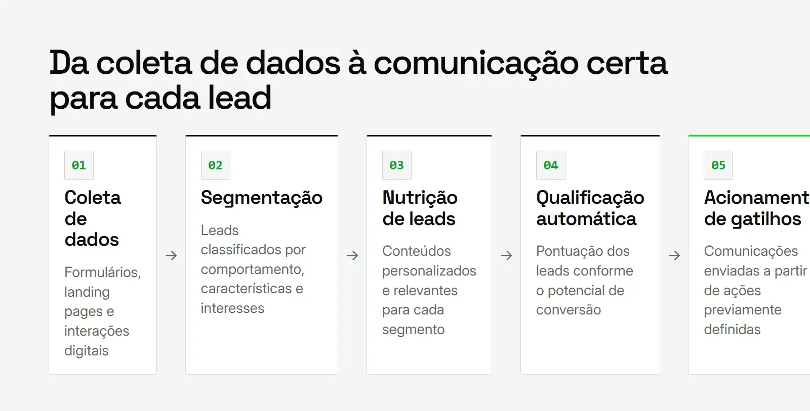 Etapas do processo de automação de marketing digital, da coleta de dados ao acionamento de gatilhos