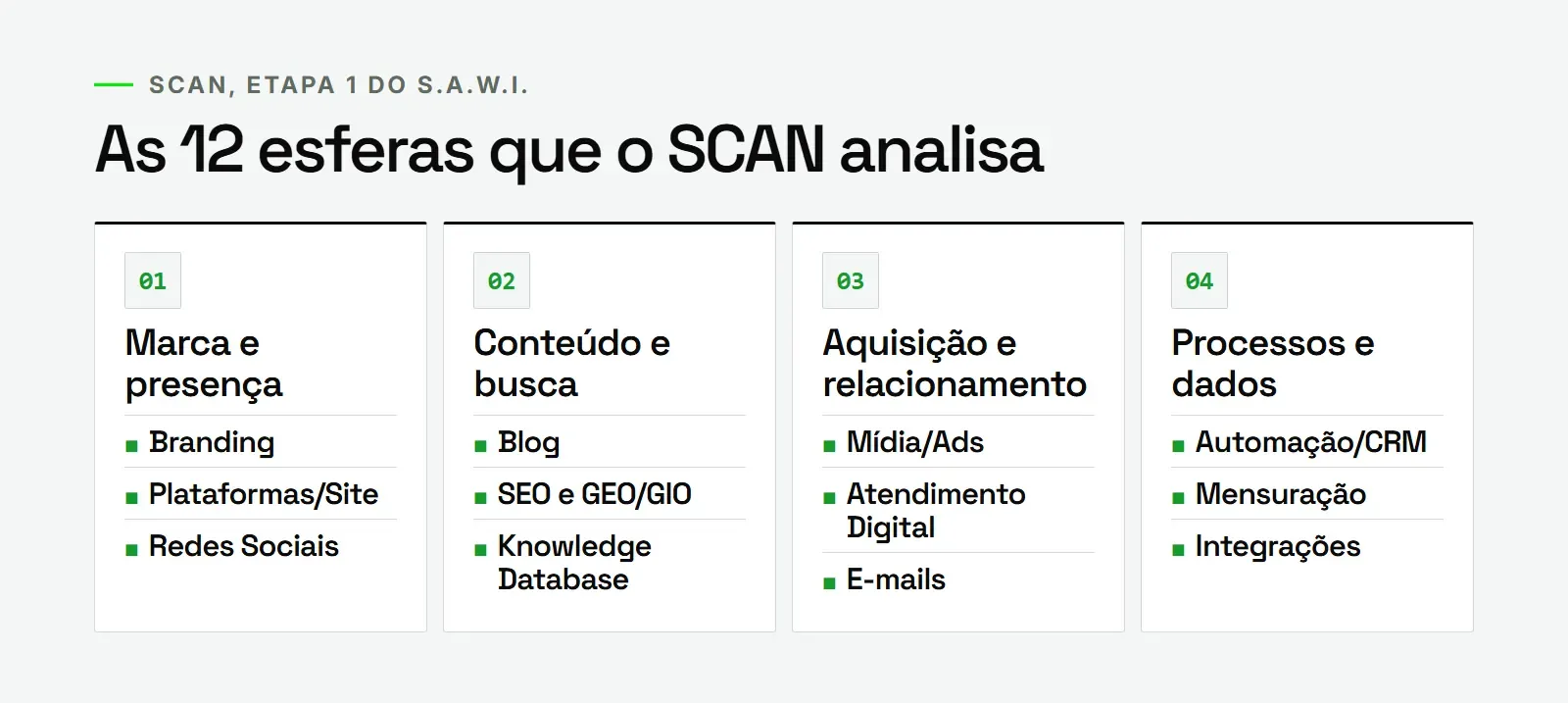 Grade com as 12 esferas do ecossistema digital analisadas pelo SCAN, organizadas em quatro grupos