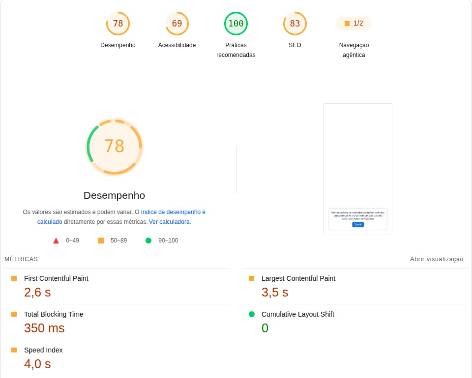 PageSpeed Insights do site antigo no celular: desempenho 78, acessibilidade 69, práticas recomendadas 100, SEO 83