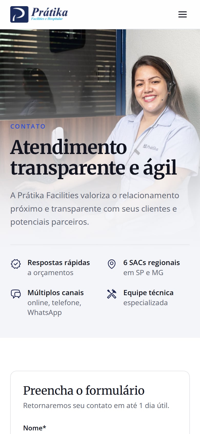 Página de contato do site novo no celular, com canais de atendimento e formulário