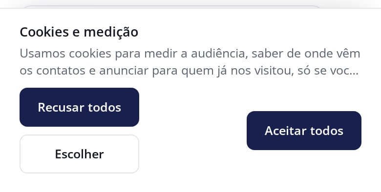 Aviso de cookies do site novo: Recusar todos, Escolher e Aceitar todos