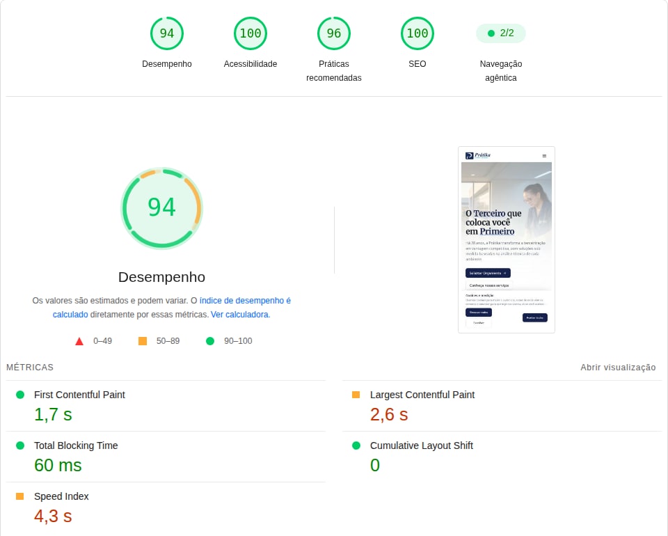 PageSpeed Insights do site novo no celular: desempenho 94, acessibilidade 100, práticas recomendadas 96, SEO 100