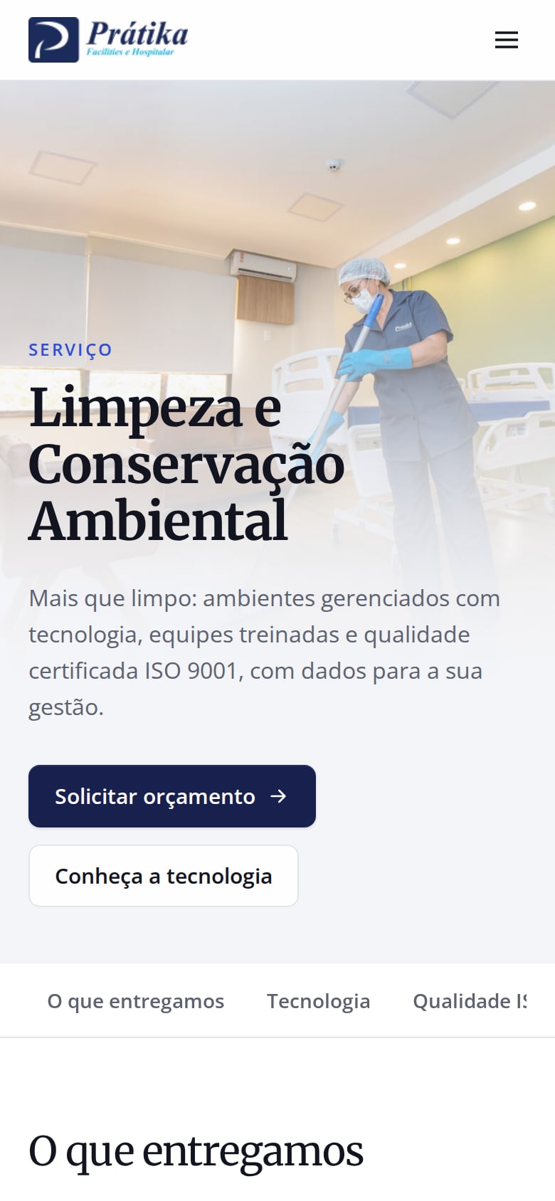 Página de limpeza e conservação do site novo no celular, com chamada, botões e atalhos para as seções