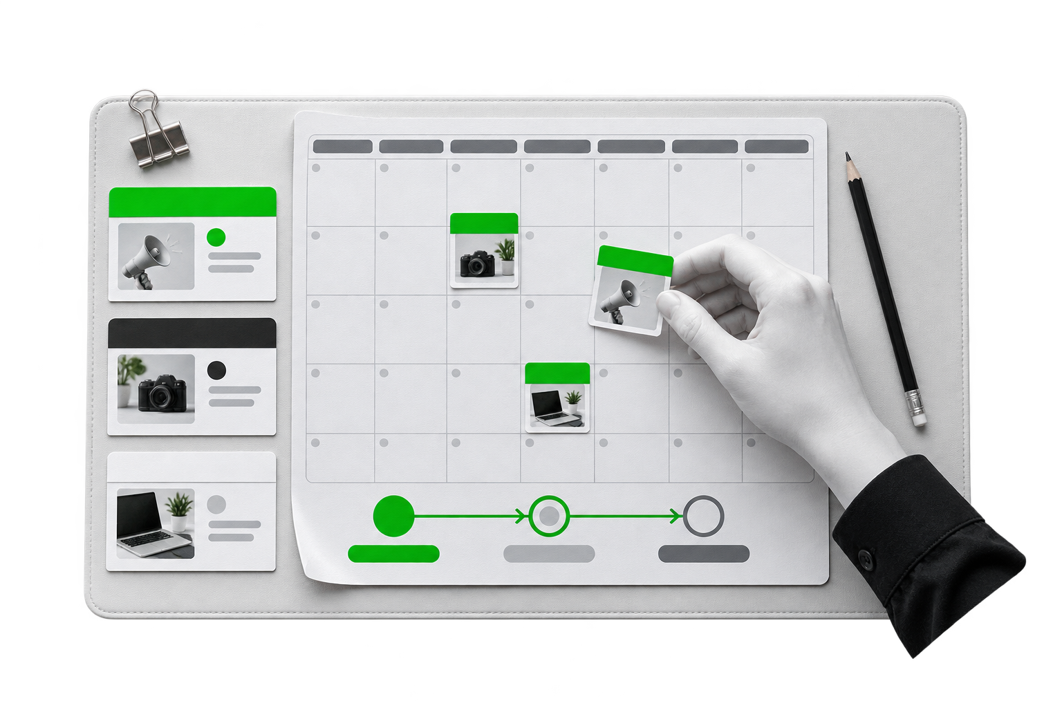 Calendário de planejamento com uma mão organizando campanhas, prioridades e próximas ações.