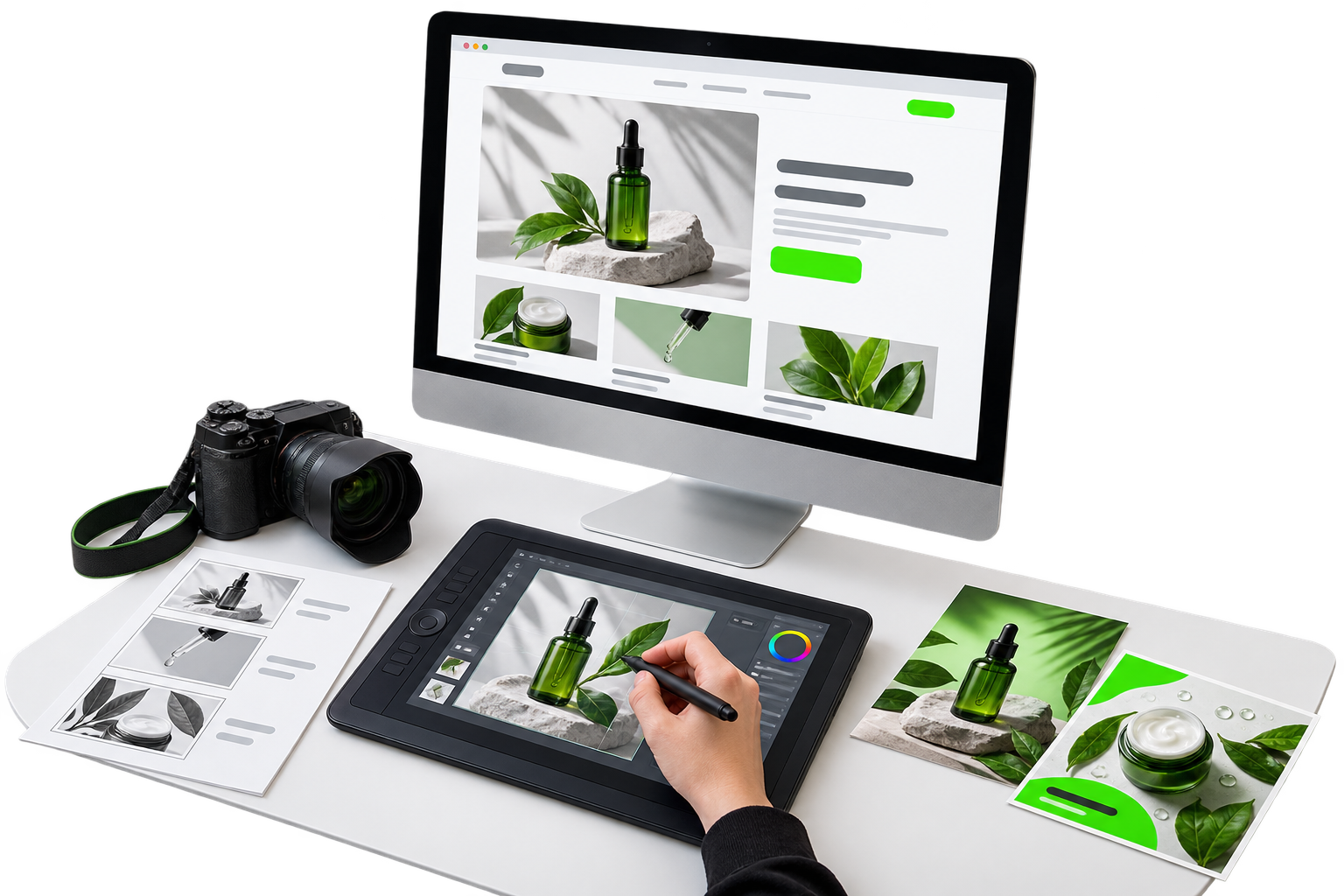 Desktop de criação com site em produção, câmera, storyboard e edição de peças de campanha.